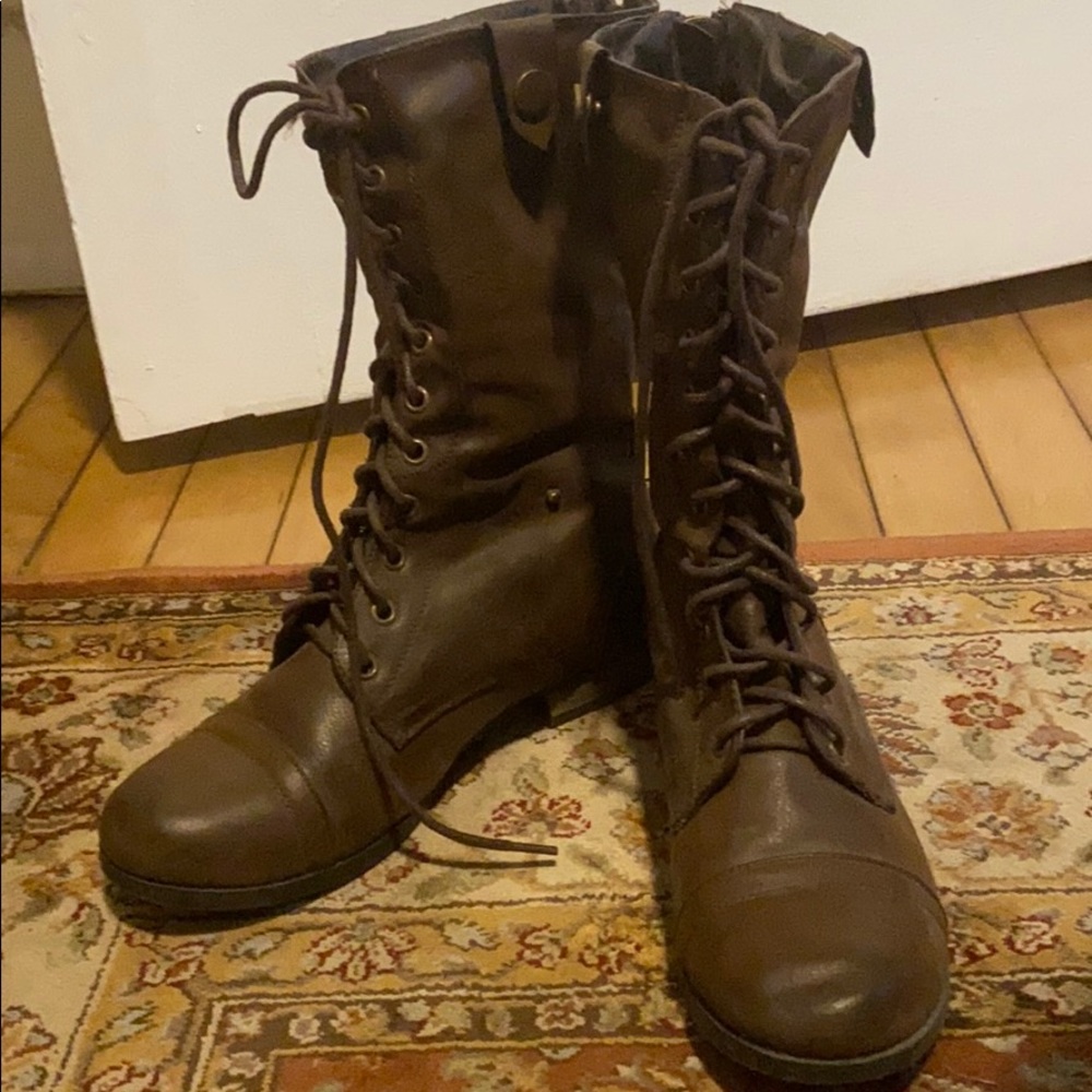 Brown faux leather lace up boots